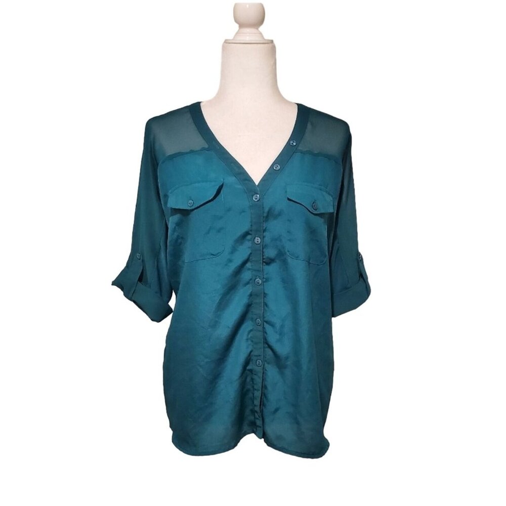 Daniel Rainn Women Teal Button Down Long Roll-tab Sleeve Blouse Size XSmall